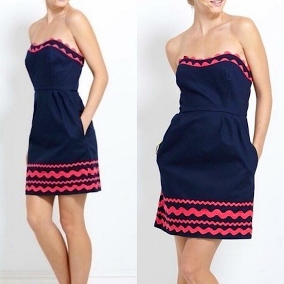 Vineyard Vines Ric Rac Strapless Sweetheart Neck Preppy Dress in Navy & Pink 16 - Picture 2 of 10